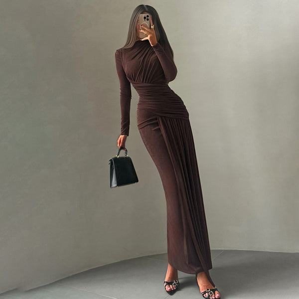 Women's Solid Color Dress, Round Neck Long Sleeve Ruched Slim Fit Dress for Fall Winter