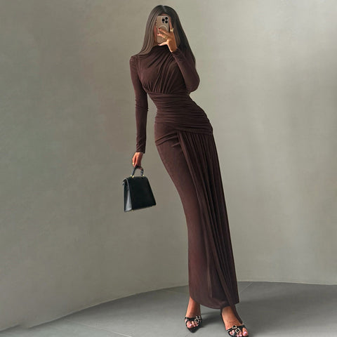 Women's Solid Color Dress, Round Neck Long Sleeve Ruched Slim Fit Dress for Fall Winter