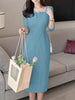 Elegant Women Slim Knee-length Dress Square Neck 3/4 Sleeve Seamed Party Vestidos Casual Commute Solid Short Robe