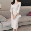 Elegant Women Slim Knee-length Dress Square Neck 3/4 Sleeve Seamed Party Vestidos Casual Commute Solid Short Robe