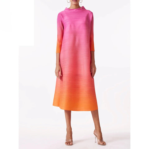 Elegant Gradient Pleated Dress Turtleneck Full Sleeves Pink Orange Mid-Calf Dresses For Women