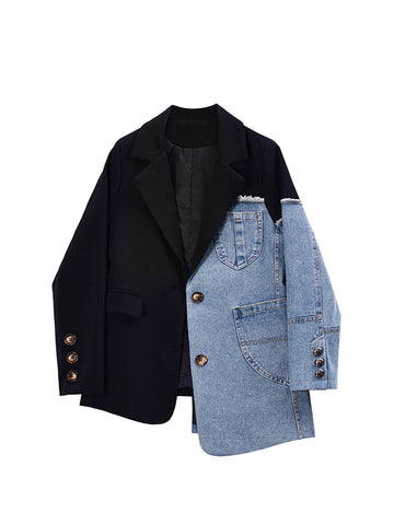 Women's Denim Patchwork Blazer, Loose Fit Notched Collar Long Sleeve Single-Breasted Jacket with Pockets