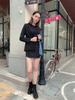 Women's Denim Patchwork Blazer, Loose Fit Notched Collar Long Sleeve Single-Breasted Jacket with Pockets