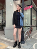 Women's Denim Patchwork Blazer, Loose Fit Notched Collar Long Sleeve Single-Breasted Jacket with Pockets