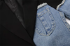 Women's Denim Patchwork Blazer, Loose Fit Notched Collar Long Sleeve Single-Breasted Jacket with Pockets