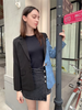 Women's Denim Patchwork Blazer, Loose Fit Notched Collar Long Sleeve Single-Breasted Jacket with Pockets