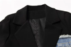 Women's Denim Patchwork Blazer, Loose Fit Notched Collar Long Sleeve Single-Breasted Jacket with Pockets
