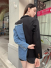 Women's Denim Patchwork Blazer, Loose Fit Notched Collar Long Sleeve Single-Breasted Jacket with Pockets