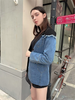 Women's Denim Patchwork Blazer, Loose Fit Notched Collar Long Sleeve Single-Breasted Jacket with Pockets