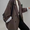 Women's Double-Breasted Blazer, Loose Fit Notched Collar Long Sleeve Solid Color Jacket with Pockets
