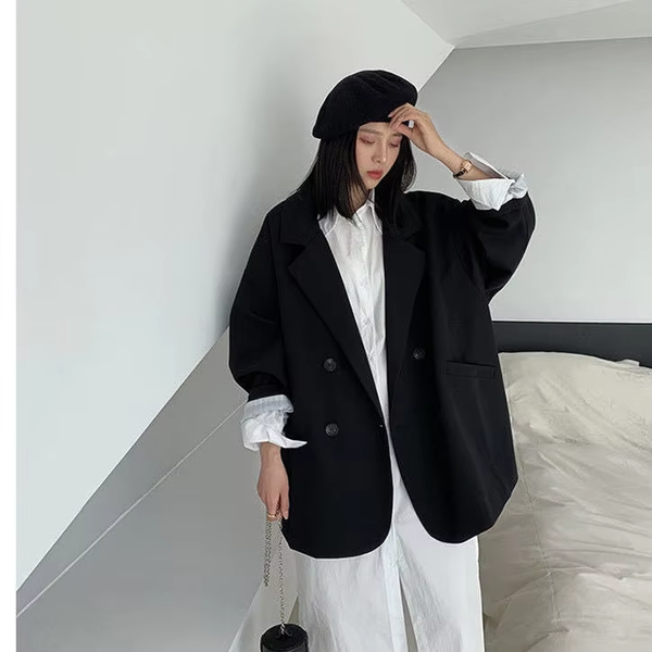 Women's Double-Breasted Blazer, Loose Fit Notched Collar Long Sleeve Solid Color Jacket with Pockets