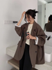 Women's Double-Breasted Blazer, Loose Fit Notched Collar Long Sleeve Solid Color Jacket with Pockets