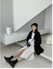 Women's Double-Breasted Blazer, Loose Fit Notched Collar Long Sleeve Solid Color Jacket with Pockets