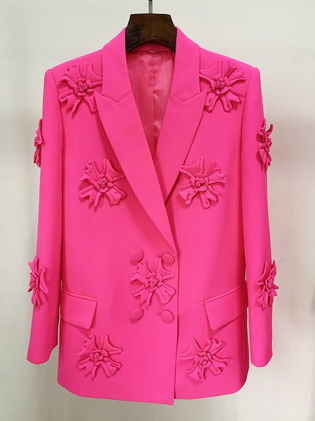 HIGH STREET Newest Designer Jacket Women's Stereoscopic Flowers Appliques Double Breasted Long Blazer