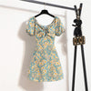 Women Mini Dresses Summer Female Vestidos Print Floral Chiffon Dresses Shirring Pleated Short Puffy Sleeve Casual Dress