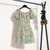 Women Mini Dresses Summer Female Vestidos Print Floral Chiffon Dresses Shirring Pleated Short Puffy Sleeve Casual Dress