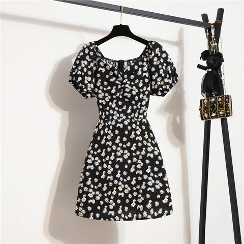 Women Mini Dresses Summer Female Vestidos Print Floral Chiffon Dresses Shirring Pleated Short Puffy Sleeve Casual Dress