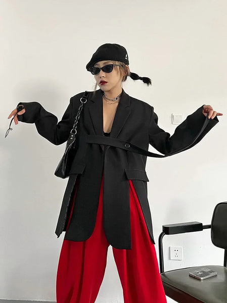 Women's Belted Blazer with a Split Hem Available in Gray or Black