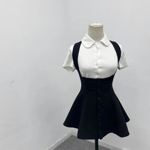 Two Piece Sexy Chic Halter Female Dresses Basic Polo Neck Button Shirt Slim Simple A-line XS-L Women Dress
