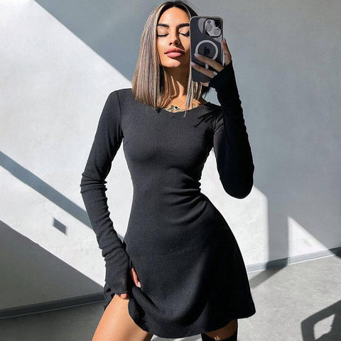 Elegant And Pretty Women Dresses Autumn Winter Black Sexy Short Dress Female V Neck Long Sleeve Slim Solid Color Mini Dress