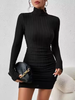 Elegant And Pretty Women Dresses Autumn Winter Black Sexy Short Dress Female V Neck Long Sleeve Slim Solid Color Mini Dress