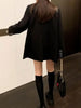 Women's Black Blazer Jacket with Decorative Front Straps and Long Sleeves