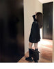 Women's Black Blazer Jacket with Decorative Front Straps and Long Sleeves