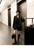 Women's Black Blazer Jacket with Decorative Front Straps and Long Sleeves