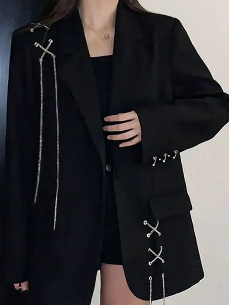 Women's Black Blazer Jacket with Decorative Front Straps and Long Sleeves