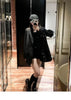 Women's Black Blazer Jacket with Decorative Front Straps and Long Sleeves