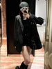 Women's Black Blazer Jacket with Decorative Front Straps and Long Sleeves