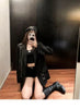 Women's Black Blazer Jacket with Decorative Front Straps and Long Sleeves
