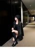 Women's Black Blazer Jacket with Decorative Front Straps and Long Sleeves
