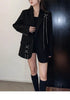 Women's Black Blazer Jacket with Decorative Front Straps and Long Sleeves