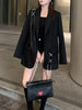 Women's Black Blazer Jacket with Decorative Front Straps and Long Sleeves