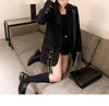 Women's Black Blazer Jacket with Decorative Front Straps and Long Sleeves