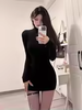 Turtleneck Long Sleeves Dresses Black Sexy Pleated Bodycon Mini Dress Fall Winter Women Streetwear Party Club Y2K Clothings