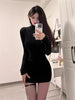 Turtleneck Long Sleeves Dresses Black Sexy Pleated Bodycon Mini Dress Fall Winter Women Streetwear Party Club Y2K Clothings