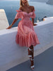 Dress Women Off Shoulder Mid Length Dresses Solid Dot Sexy Splice Tight High Waist V Neck A Line Elegant Slim Fit Vestidos