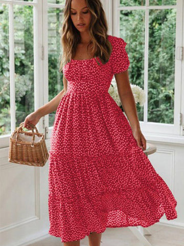 Vestidos Vintage Print Puff Sleeve summer Beach sweet dresses Casual Square collar floral maxi long dress festa