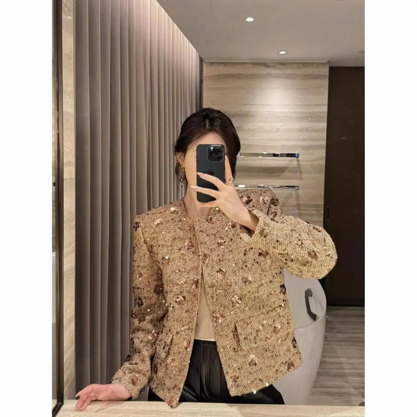Women's Cropped Tweed Blazer with Long Sleeves and Front Pockets
