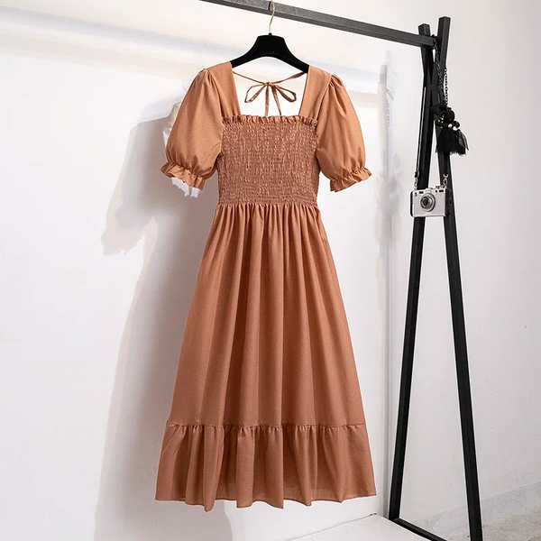 Women's Chiffon A-Line Dress, Short Puff Sleeves, Smocked Bodice and Tiered Skirt