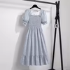 Women's Chiffon A-Line Dress, Short Puff Sleeves, Smocked Bodice and Tiered Skirt
