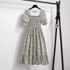 Women's Chiffon A-Line Dress, Short Puff Sleeves, Smocked Bodice and Tiered Skirt