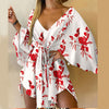 Women Print Dress Sexy V-Neck Bat Sleeve Ruffl Flowers Print Bohemian Beach Sundress Ladies Loose Summer Vacation Mini Dresses