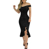 Women's Party Dress Sexy Off Shoulder Split Ruffle Solid Bodycon Knee-length Dress Glitter Party Elegant Dresses Vestido