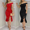 Women's Party Dress Sexy Off Shoulder Split Ruffle Solid Bodycon Knee-length Dress Glitter Party Elegant Dresses Vestido