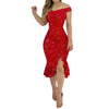 Women's Party Dress Sexy Off Shoulder Split Ruffle Solid Bodycon Knee-length Dress Glitter Party Elegant Dresses Vestido