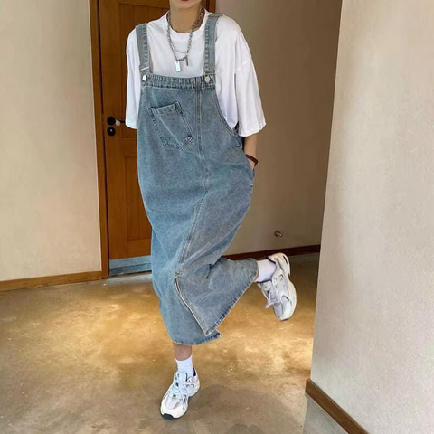Irregular Split Cowboy Denim Dress Women Sleeveless Jeans Dresses Female Solid Casual Loose Strap Dresses