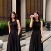 Vintage Holiday Style Black Midi Dress Dresses for Women Clothing O Neck Office Lady Casual Pockets Women's Clothing